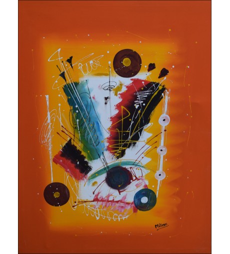 Toile abstraite  sur fond orange- acrobates en mouvement - Peinture acrylique
