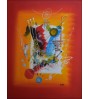 Peinture acrylique abstraite - couleurs vives et formes représentées sur fond rouge