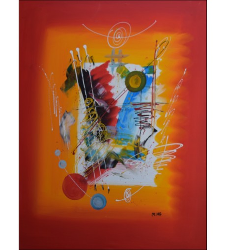 Peinture acrylique abstraite - couleurs vives et formes représentées sur fond rouge